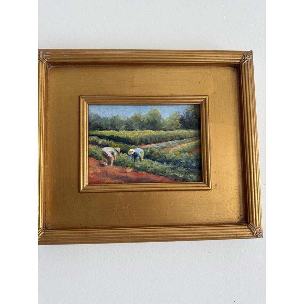 Signed L Garlin Original Oil Painting Farm Workers Landscape Gold Frame 5x7